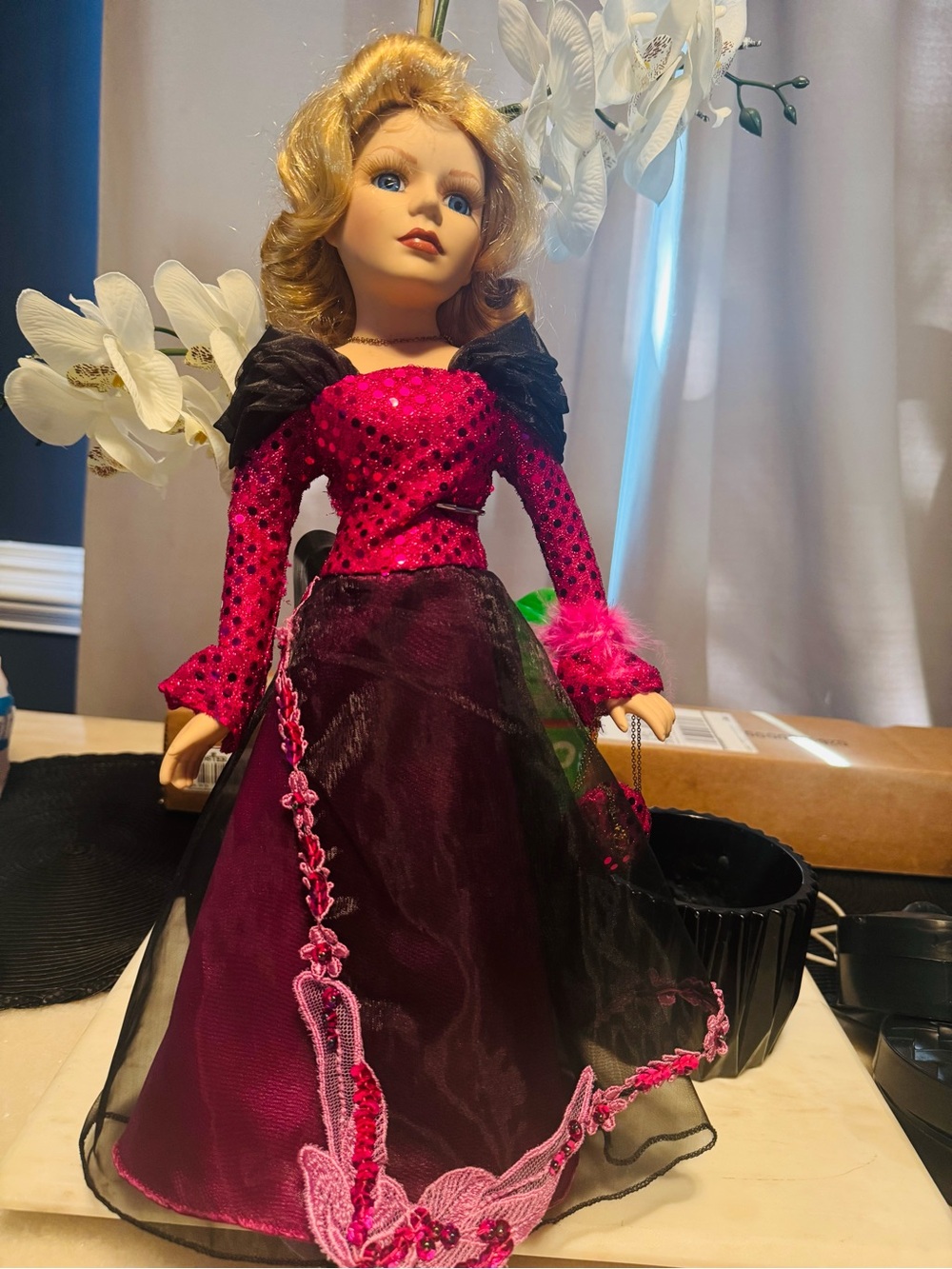 Collectible Fashion Doll in Pink and Black Sequin Gown